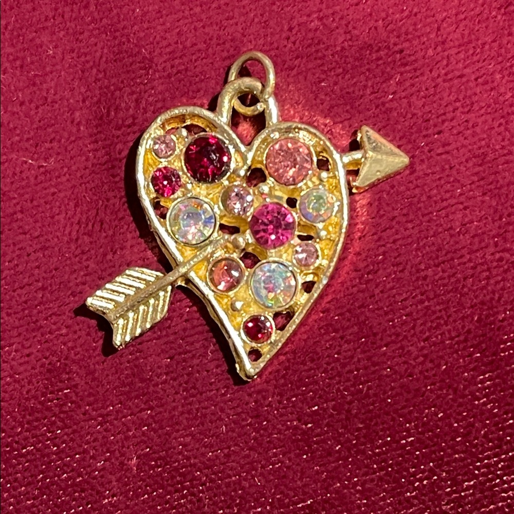 Gold Heart Arrow Pendant with Pink and Iridescent Crystals by